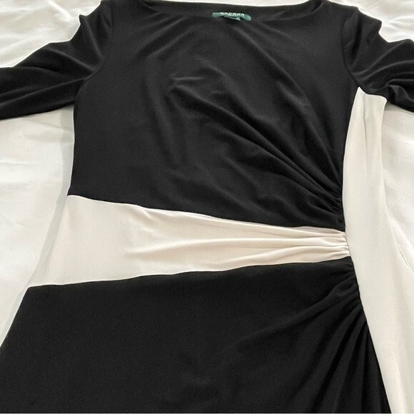 Lauren Ralph Lauren Black and Ivory Side Ruched Sheath Dress Size 10 - Picture 8 of 8
